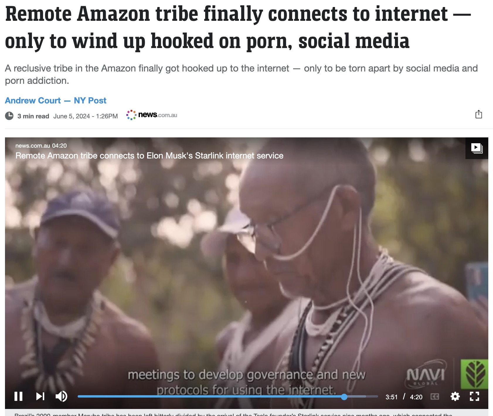 photo caption - Remote Amazon tribe finally connects to internet only to wind up hooked on porn, social media A reclusive tribe in the Amazon finally got hooked up to the internet only to be torn apart by social media and porn addiction. Andrew Court Ny P